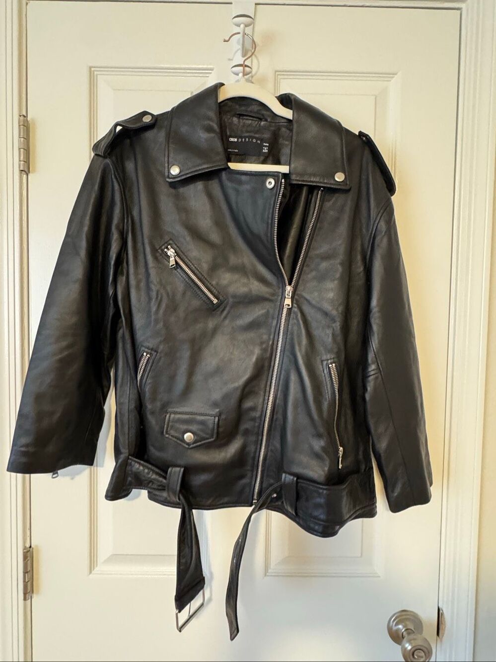 ASOS DESIGN Petite Premium Real Leather Oversized Biker Jacket Black US 4